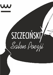 Czarno-biała grafika z napisem Szczeciński Salon Poezji. Na grafice elementy: pióro, kałamarz, logo Zamku.