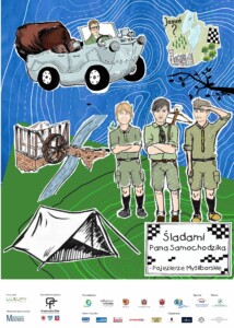 Plakat składa się z kilku rysunków: samochodu, namiotu, trzech harcerzy.