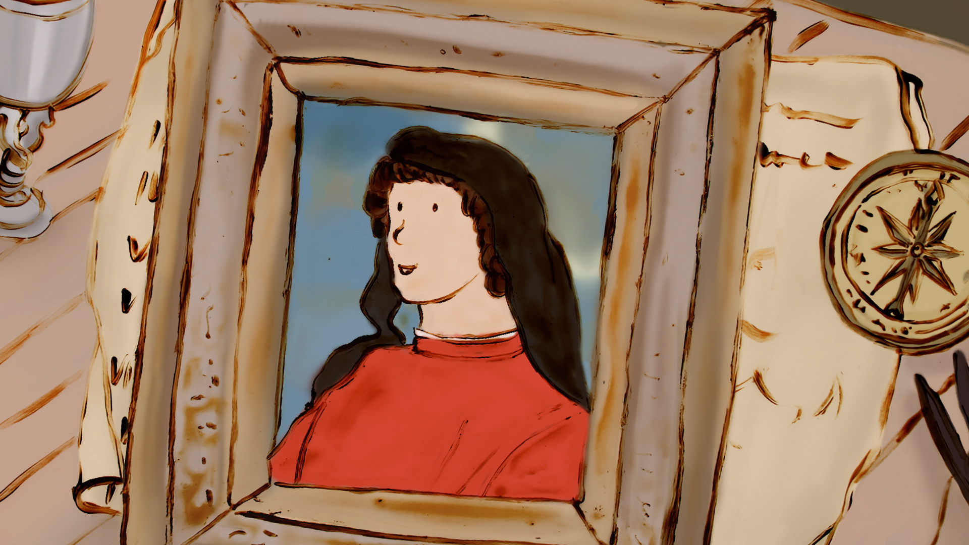 Grafika rysunkowa z filmu animowanego "Wielka Podróż Bogusława X". Na grafice portret Bogusława X w ramce.