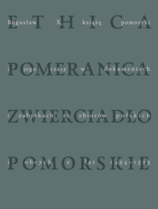 Okładka książki Ethica Pomeranica albo Zwierciadło Pomorskie. Okładka w ciemnozielonym kolorze, na niej tytuł wystawy.